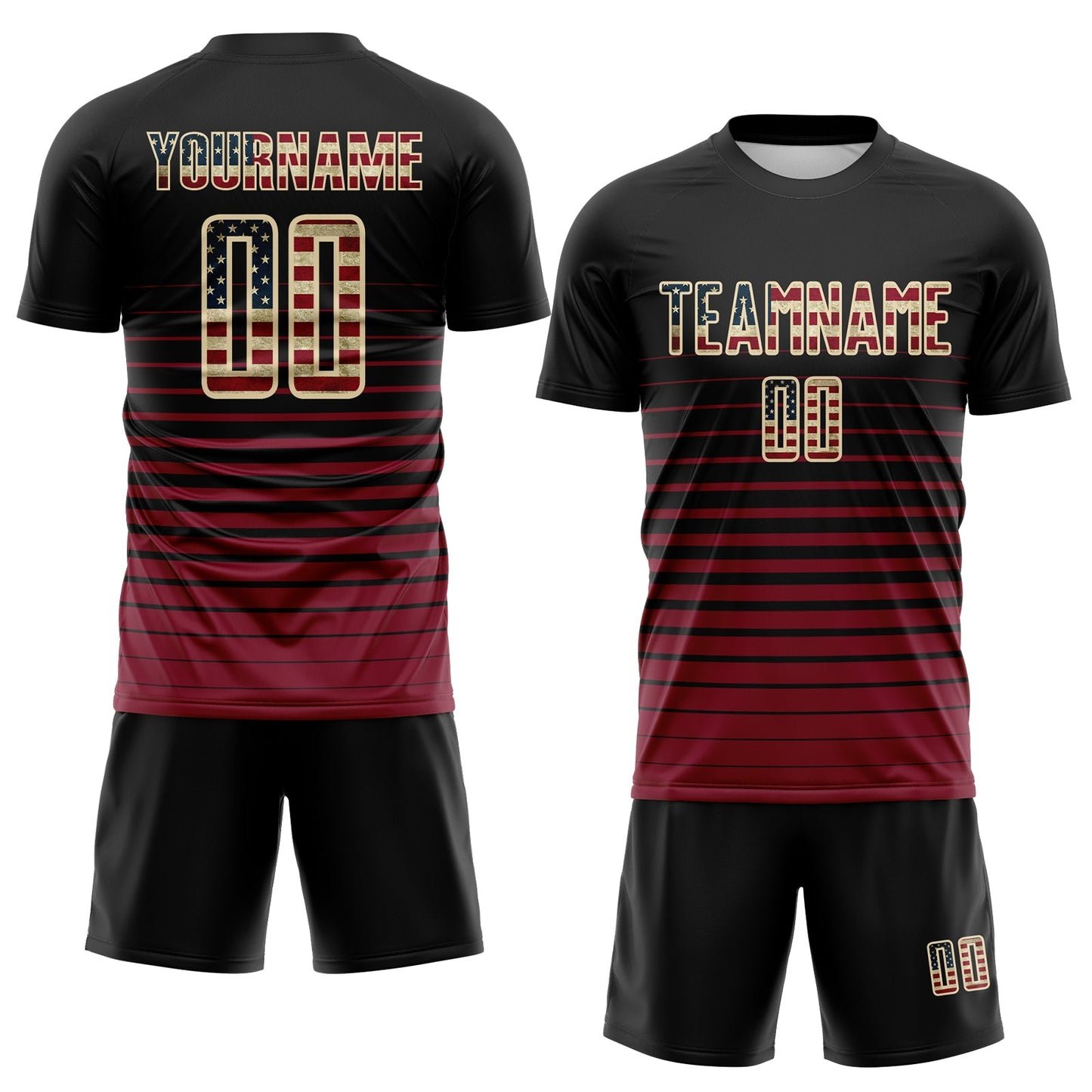 Custom Black Vintage USA Flag Cream-Crimson Gradient Pinstripe Sublimation Soccer Uniform Jersey view 2