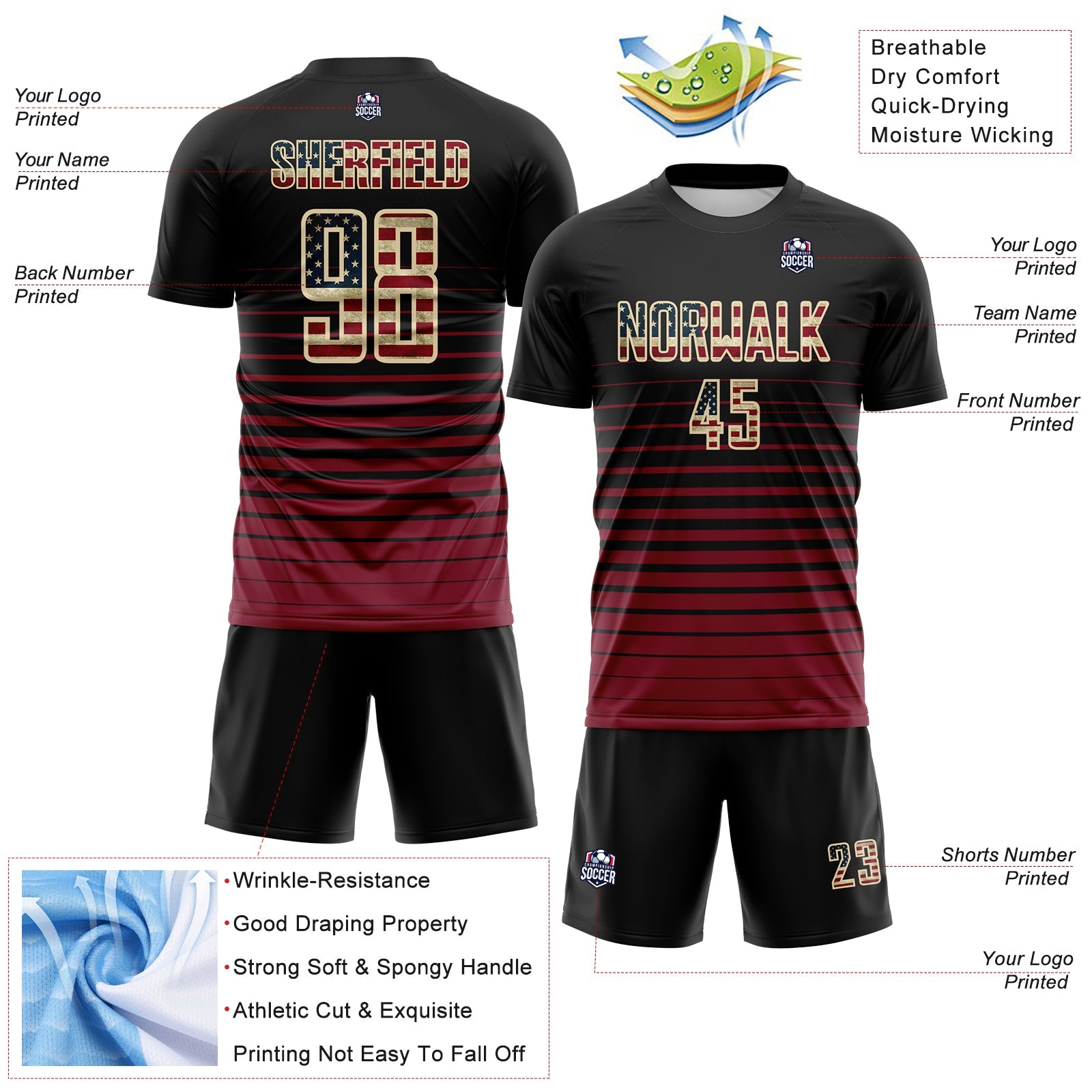 Custom Black Vintage USA Flag Cream-Crimson Gradient Pinstripe Sublimation Soccer Uniform Jersey view 4