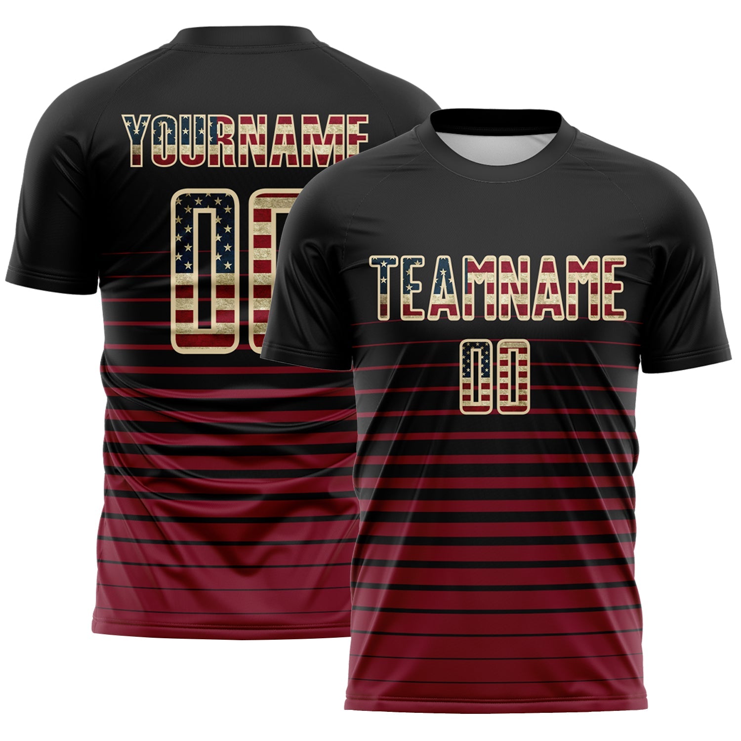 Custom Black Vintage USA Flag Cream-Crimson Gradient Pinstripe Sublimation Soccer Uniform Jersey - Main View