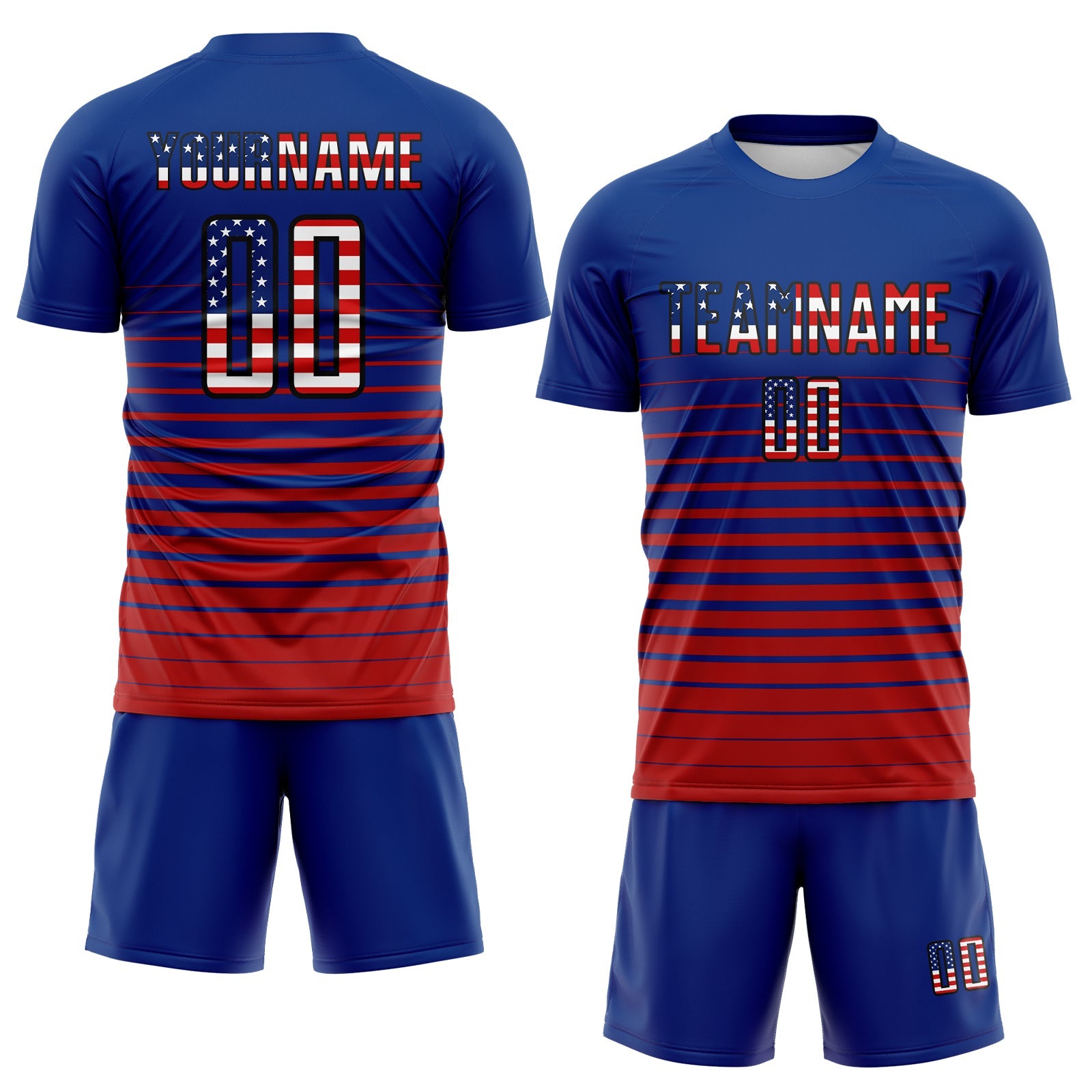 Custom Royal Vintage USA Flag Black-Red Gradient Pinstripe Sublimation Soccer Uniform Jersey view 2