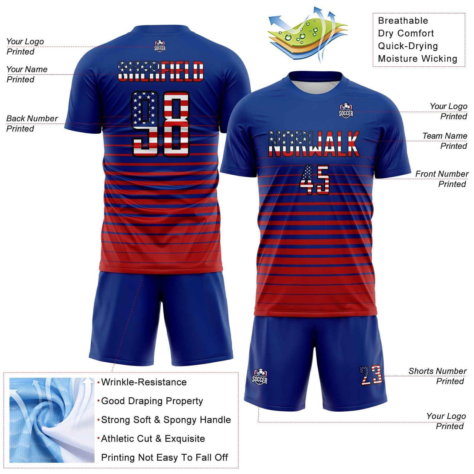 Custom Royal Vintage USA Flag Black-Red Gradient Pinstripe Sublimation Soccer Uniform Jersey view 4