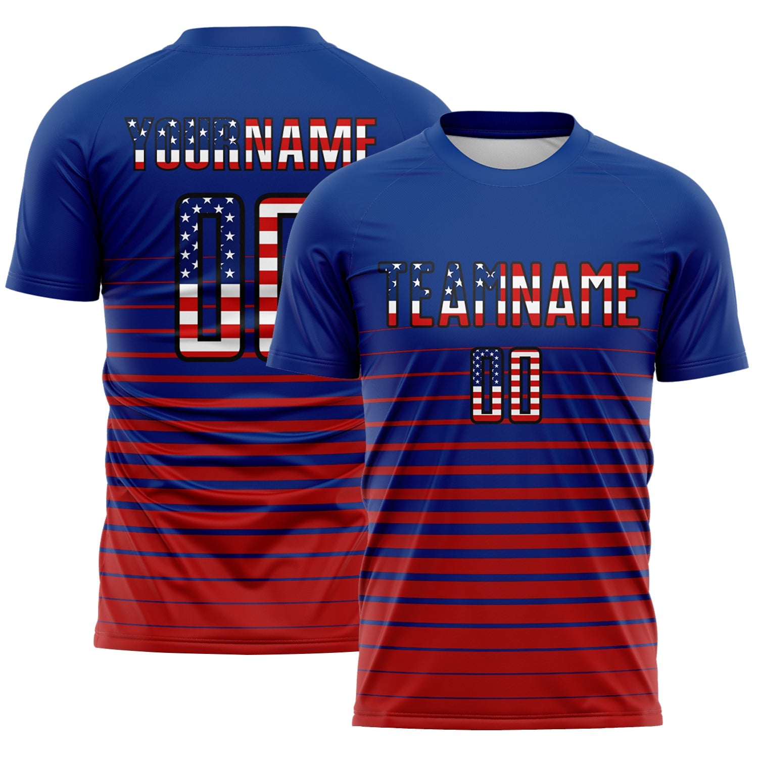 Custom Royal Vintage USA Flag Black-Red Gradient Pinstripe Sublimation Soccer Uniform Jersey - Main View