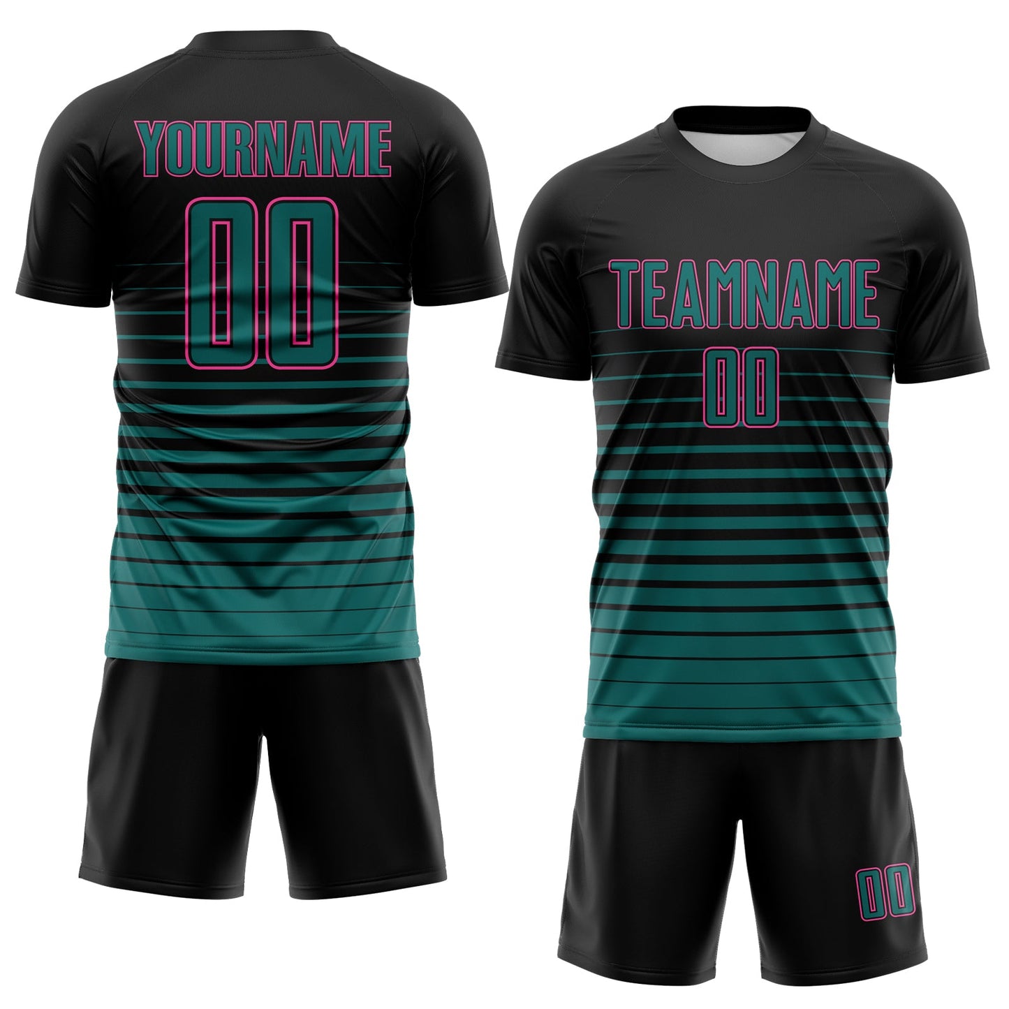 Custom Black Teal-Pink Gradient Pinstripe Sublimation Soccer Uniform Jersey view 2