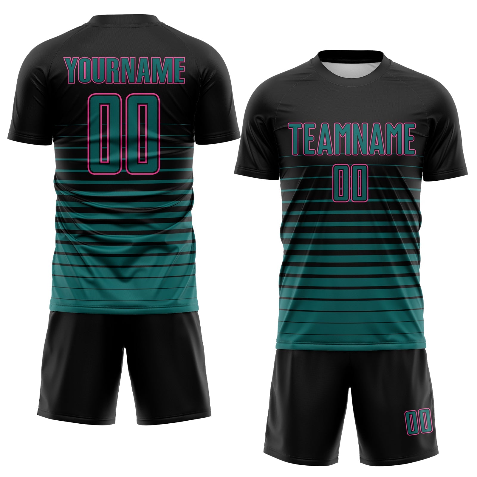 Custom Black Teal-Pink Gradient Pinstripe Sublimation Soccer Uniform Jersey view 2