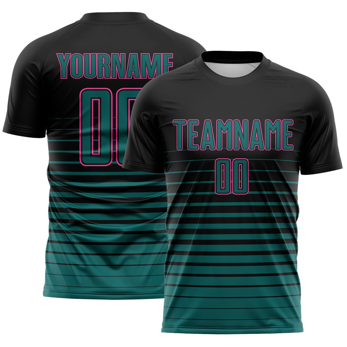 Custom Black Teal-Pink Gradient Pinstripe Sublimation Soccer Uniform Jersey - Main View