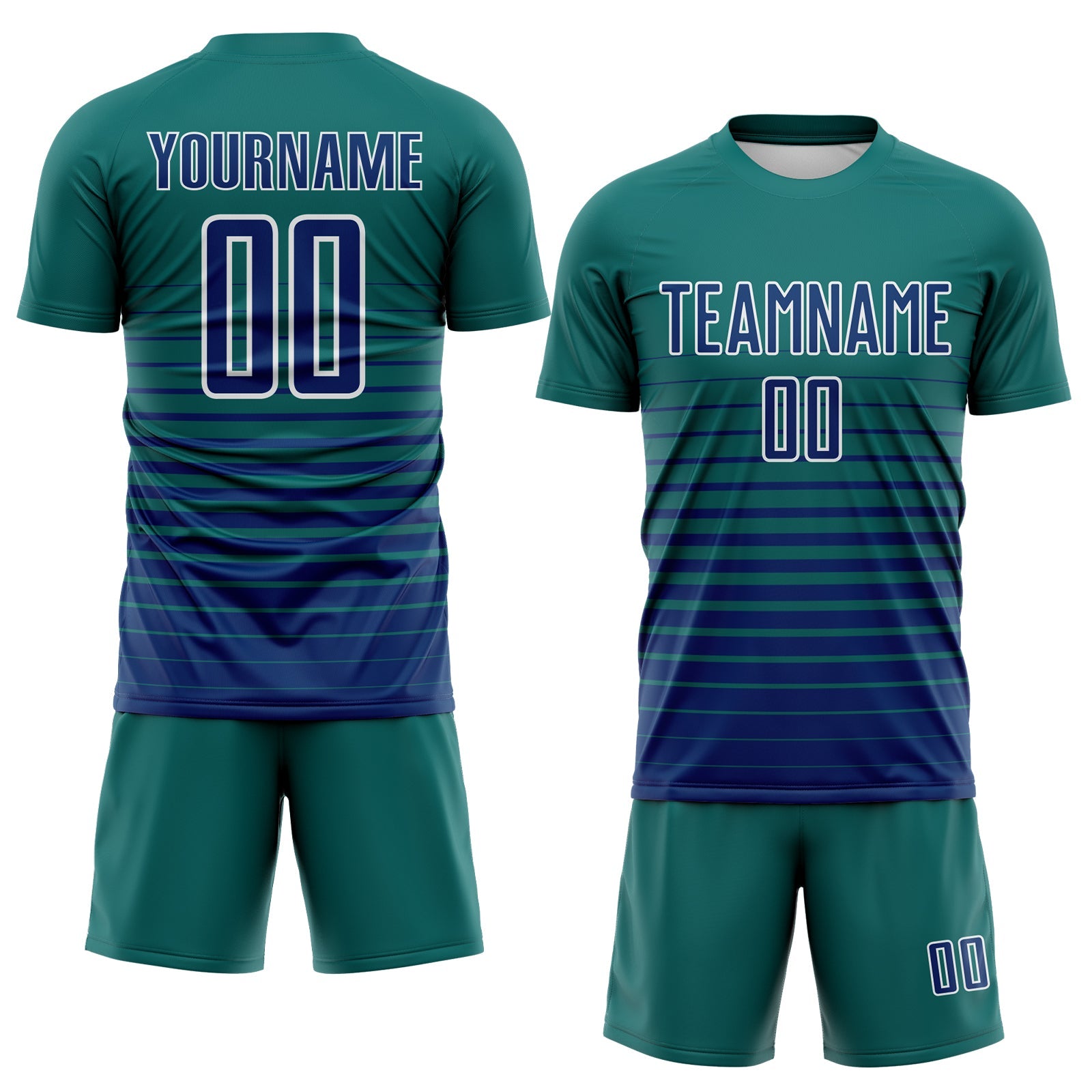 Custom Teal US Navy Blue-White Gradient Pinstripe Sublimation Soccer Uniform Jersey view 2