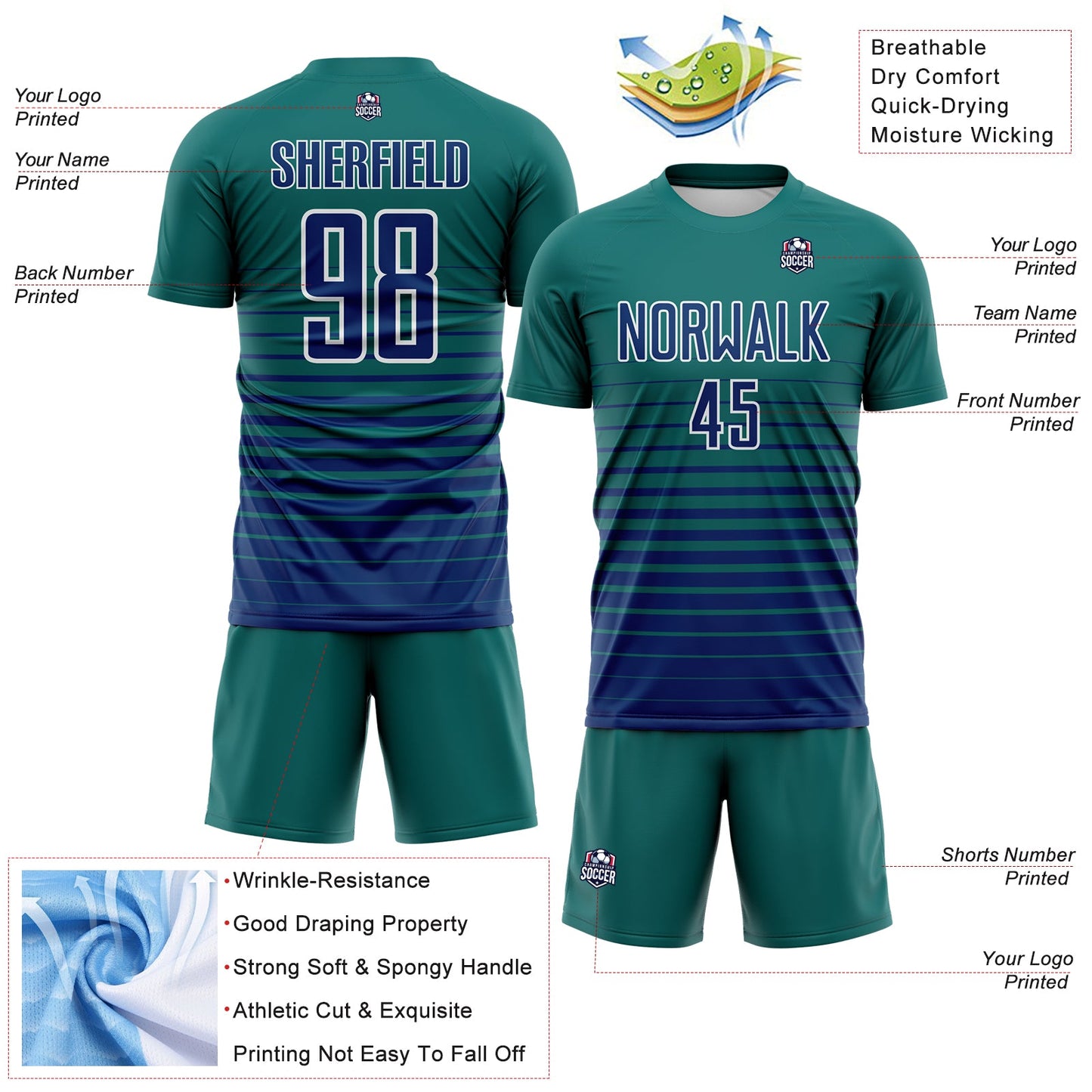 Custom Teal US Navy Blue-White Gradient Pinstripe Sublimation Soccer Uniform Jersey view 4