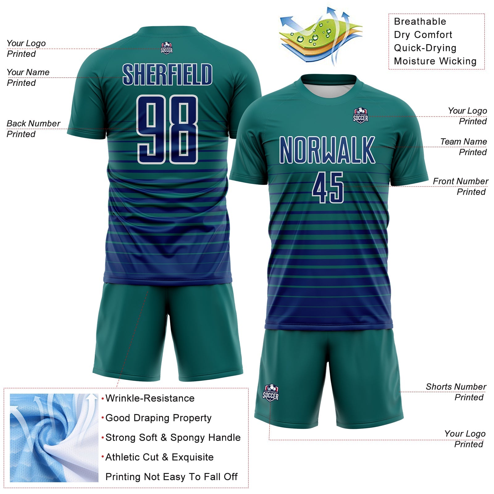 Custom Teal US Navy Blue-White Gradient Pinstripe Sublimation Soccer Uniform Jersey view 4