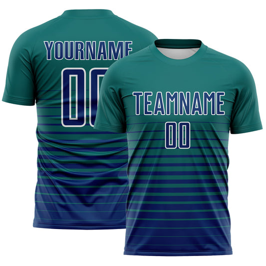 Custom Teal US Navy Blue-White Gradient Pinstripe Sublimation Soccer Uniform Jersey - Main View