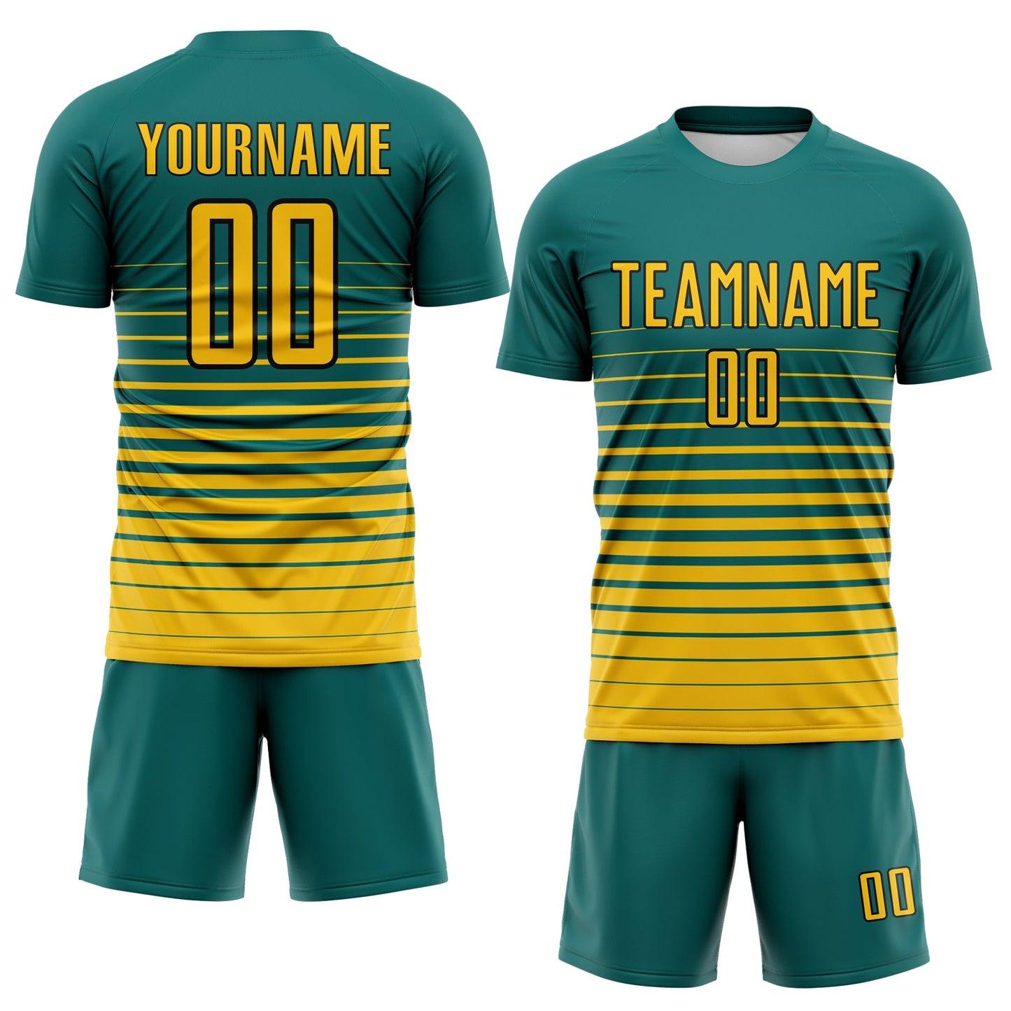 Custom Teal Yellow-Black Gradient Pinstripe Sublimation Soccer Uniform Jersey view 2