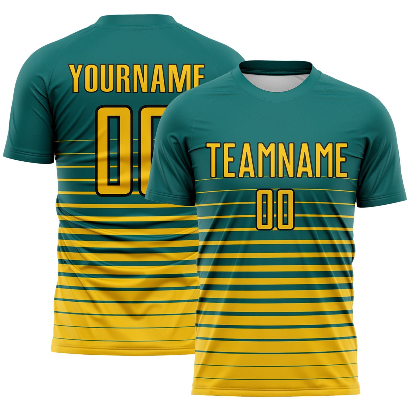 Custom Teal Yellow-Black Gradient Pinstripe Sublimation Soccer Uniform Jersey - Main View