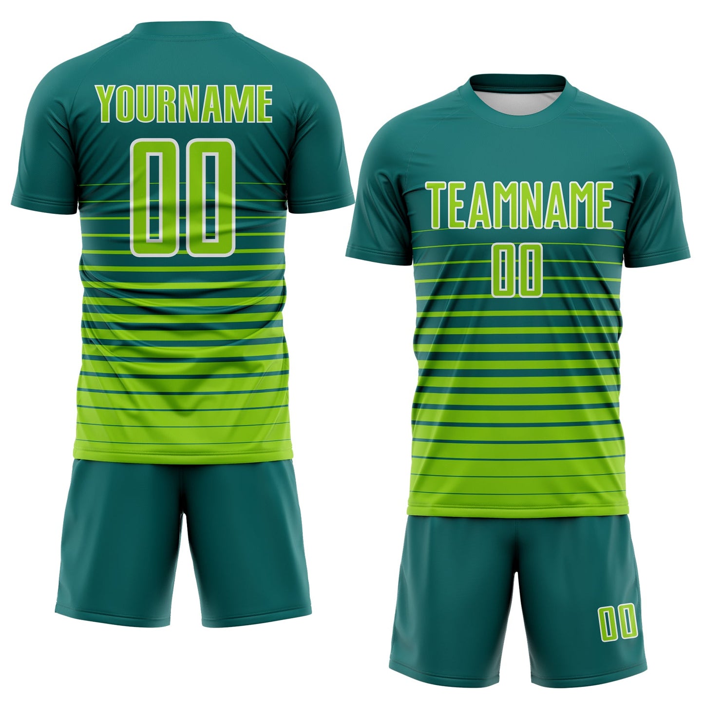 Custom Teal Neon Green-White Gradient Pinstripe Sublimation Soccer Uniform Jersey view 2