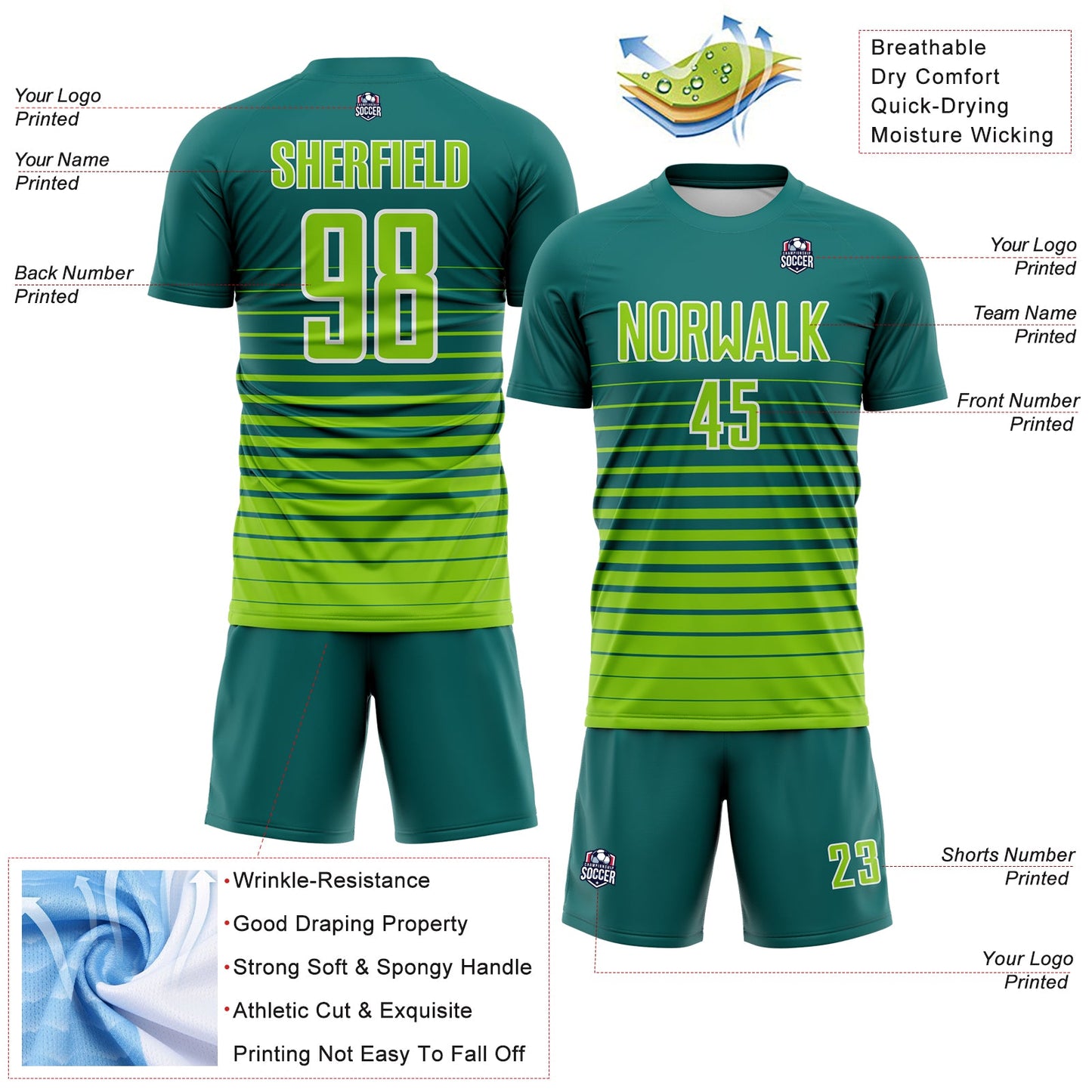 Custom Teal Neon Green-White Gradient Pinstripe Sublimation Soccer Uniform Jersey view 4