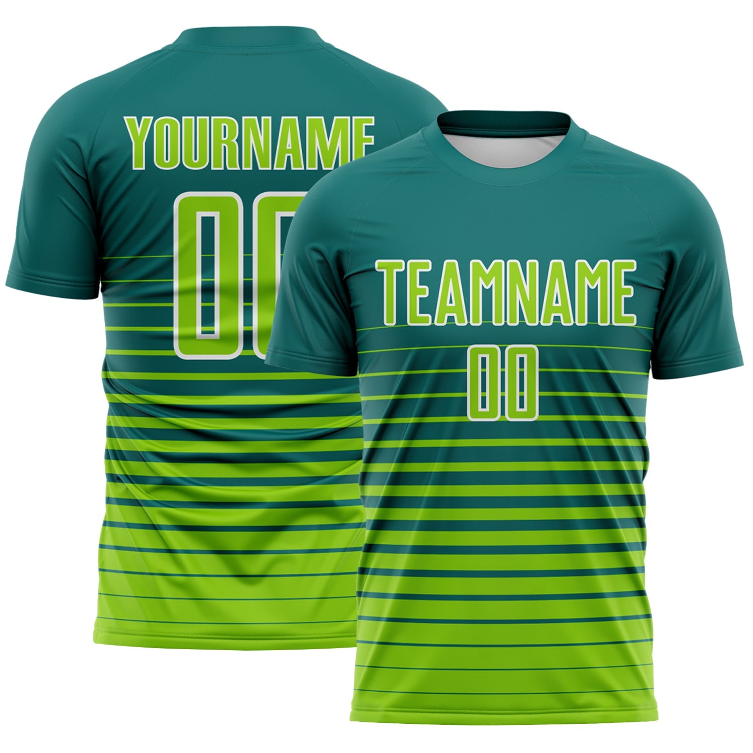 Custom Teal Neon Green-White Gradient Pinstripe Sublimation Soccer Uniform Jersey - Main View