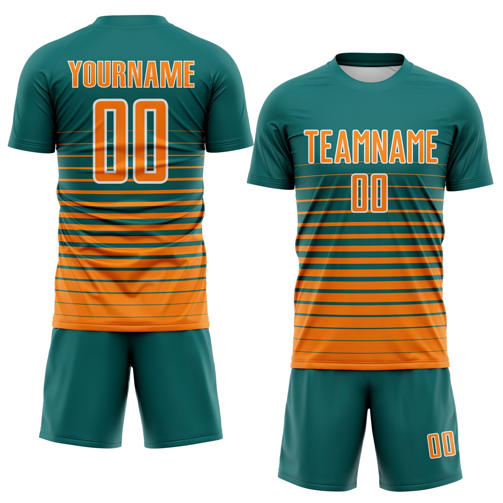 Custom Teal Bay Orange-White Gradient Pinstripe Sublimation Soccer Uniform Jersey view 2