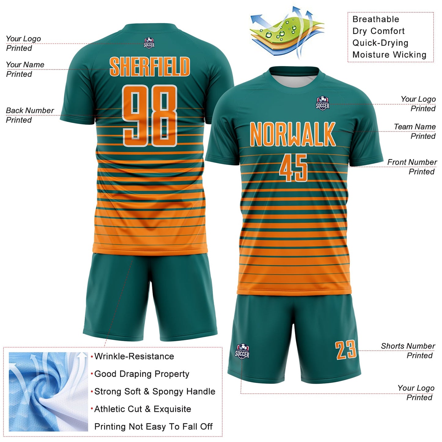 Custom Teal Bay Orange-White Gradient Pinstripe Sublimation Soccer Uniform Jersey view 4
