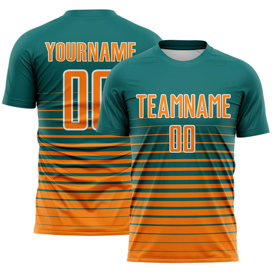 Custom Teal Bay Orange-White Gradient Pinstripe Sublimation Soccer Uniform Jersey - Main View