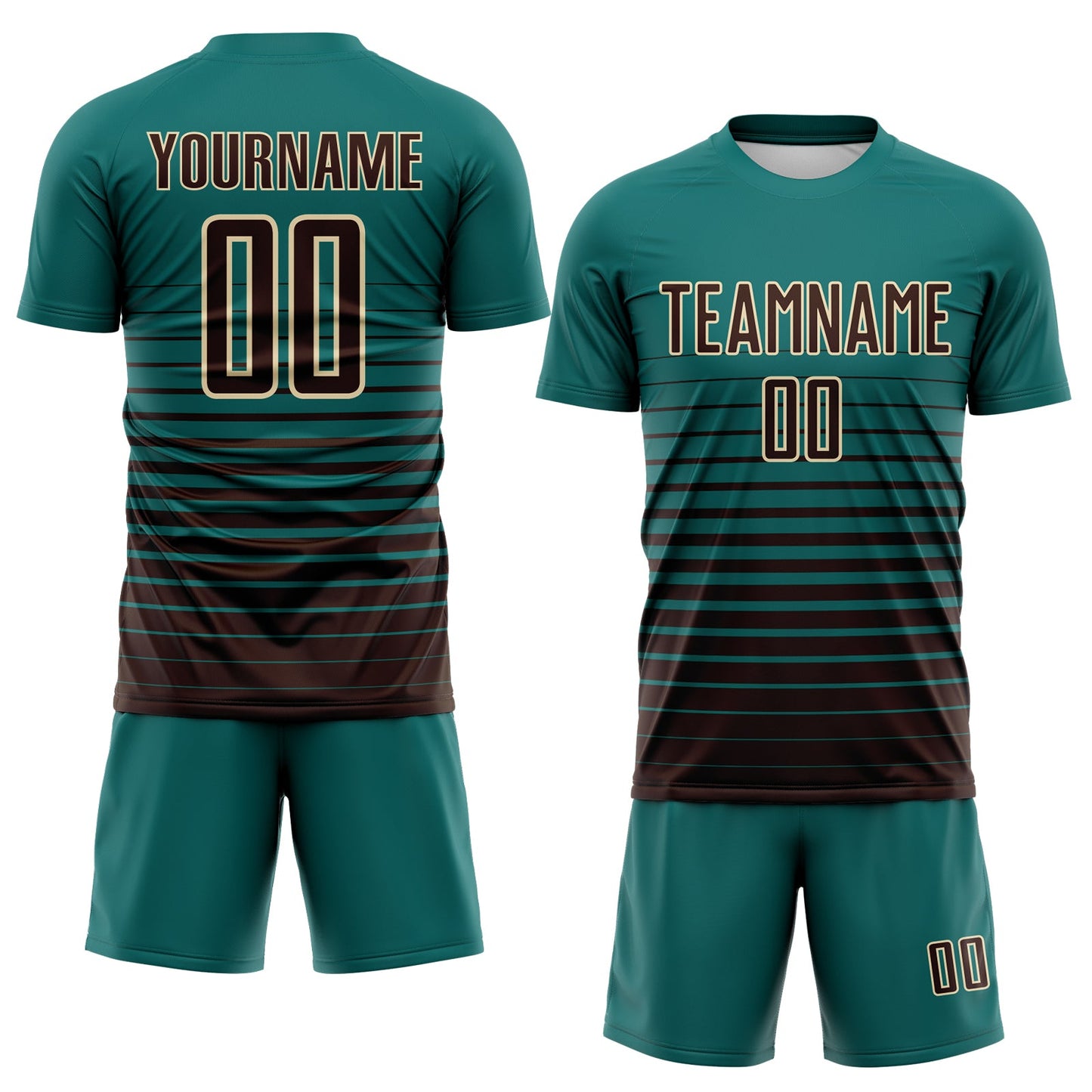 Custom Teal Brown-Cream Gradient Pinstripe Sublimation Soccer Uniform Jersey view 2