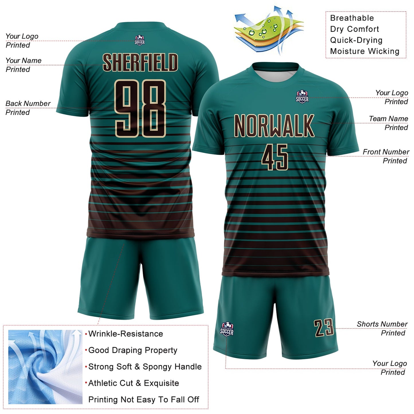 Custom Teal Brown-Cream Gradient Pinstripe Sublimation Soccer Uniform Jersey view 4
