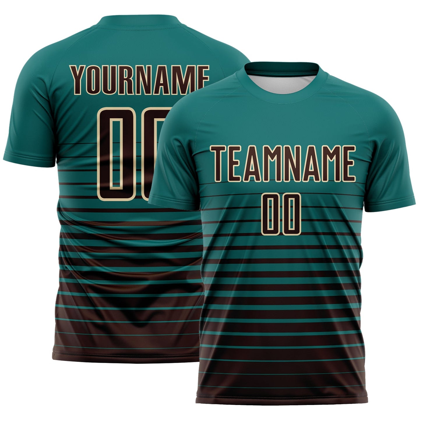 Custom Teal Brown-Cream Gradient Pinstripe Sublimation Soccer Uniform Jersey - Main View