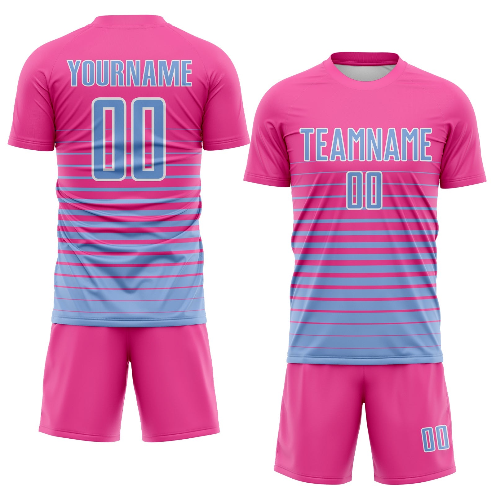 Custom Pink Light Blue-White Gradient Pinstripe Sublimation Soccer Uniform Jersey view 2