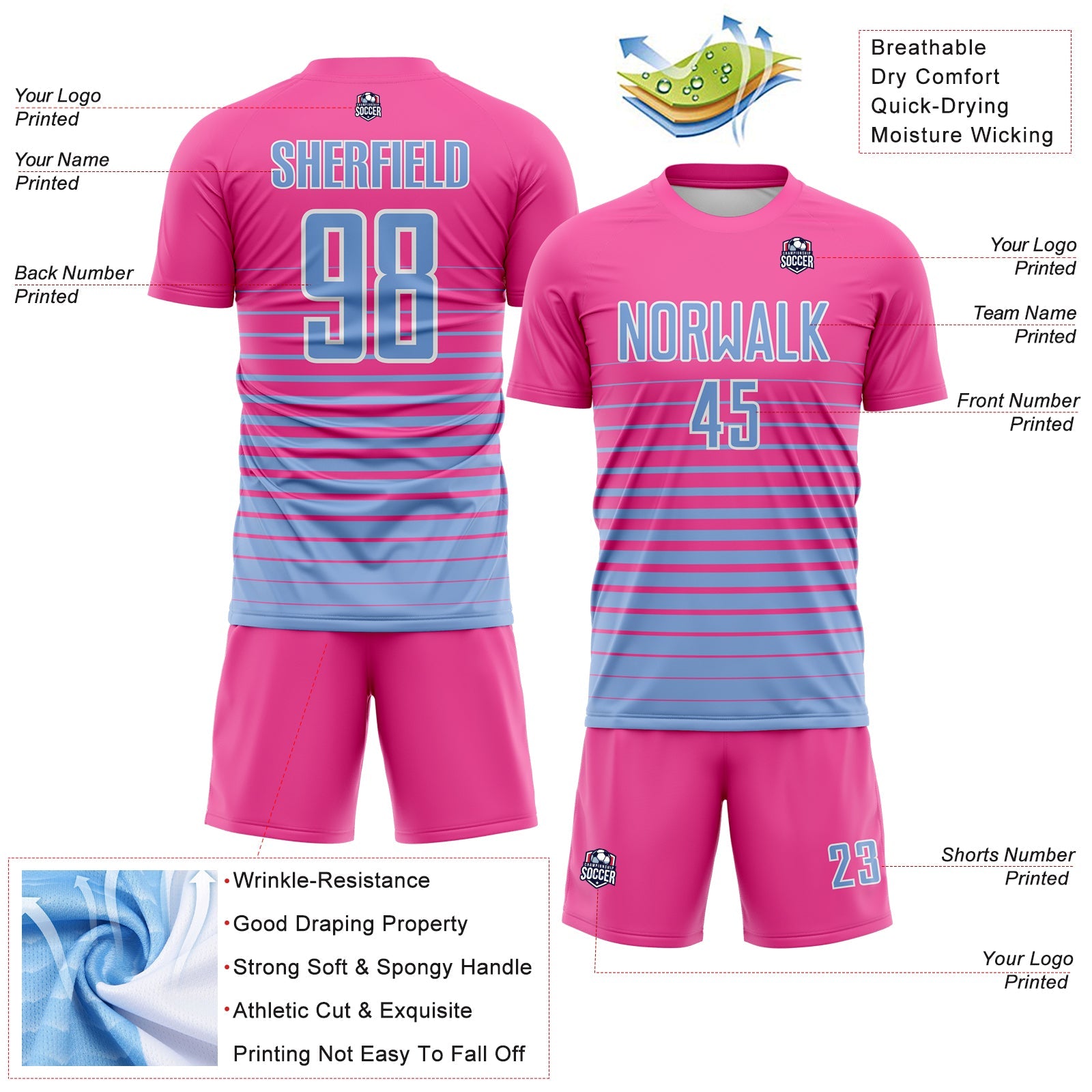 Custom Pink Light Blue-White Gradient Pinstripe Sublimation Soccer Uniform Jersey view 4