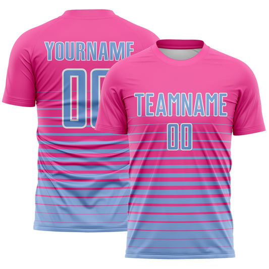 Custom Pink Light Blue-White Gradient Pinstripe Sublimation Soccer Uniform Jersey - Main View