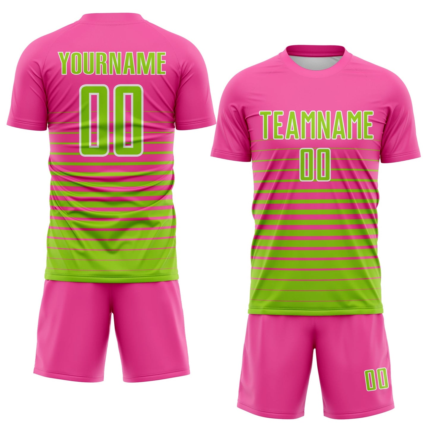 Custom Pink Neon Green-White Gradient Pinstripe Sublimation Soccer Uniform Jersey view 2