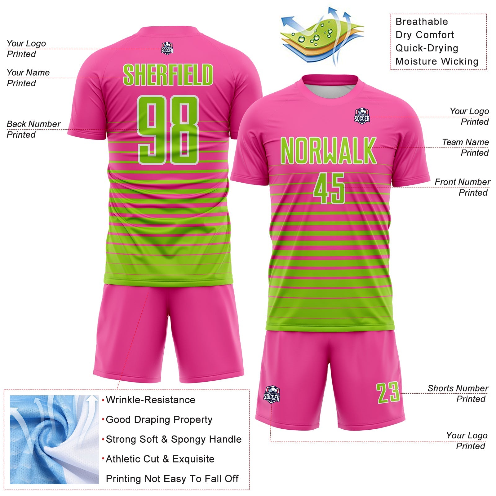 Custom Pink Neon Green-White Gradient Pinstripe Sublimation Soccer Uniform Jersey view 4