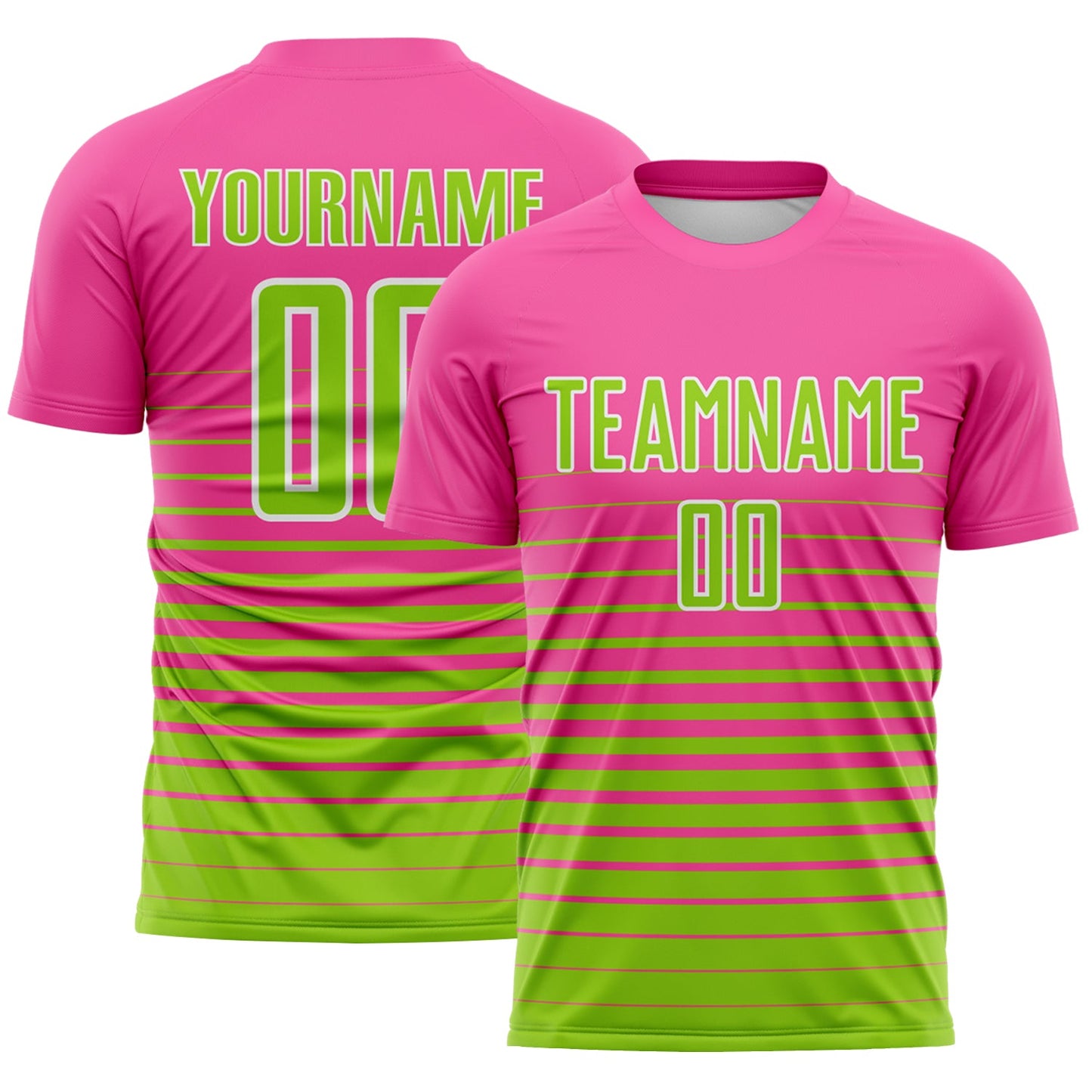Custom Pink Neon Green-White Gradient Pinstripe Sublimation Soccer Uniform Jersey - Main View