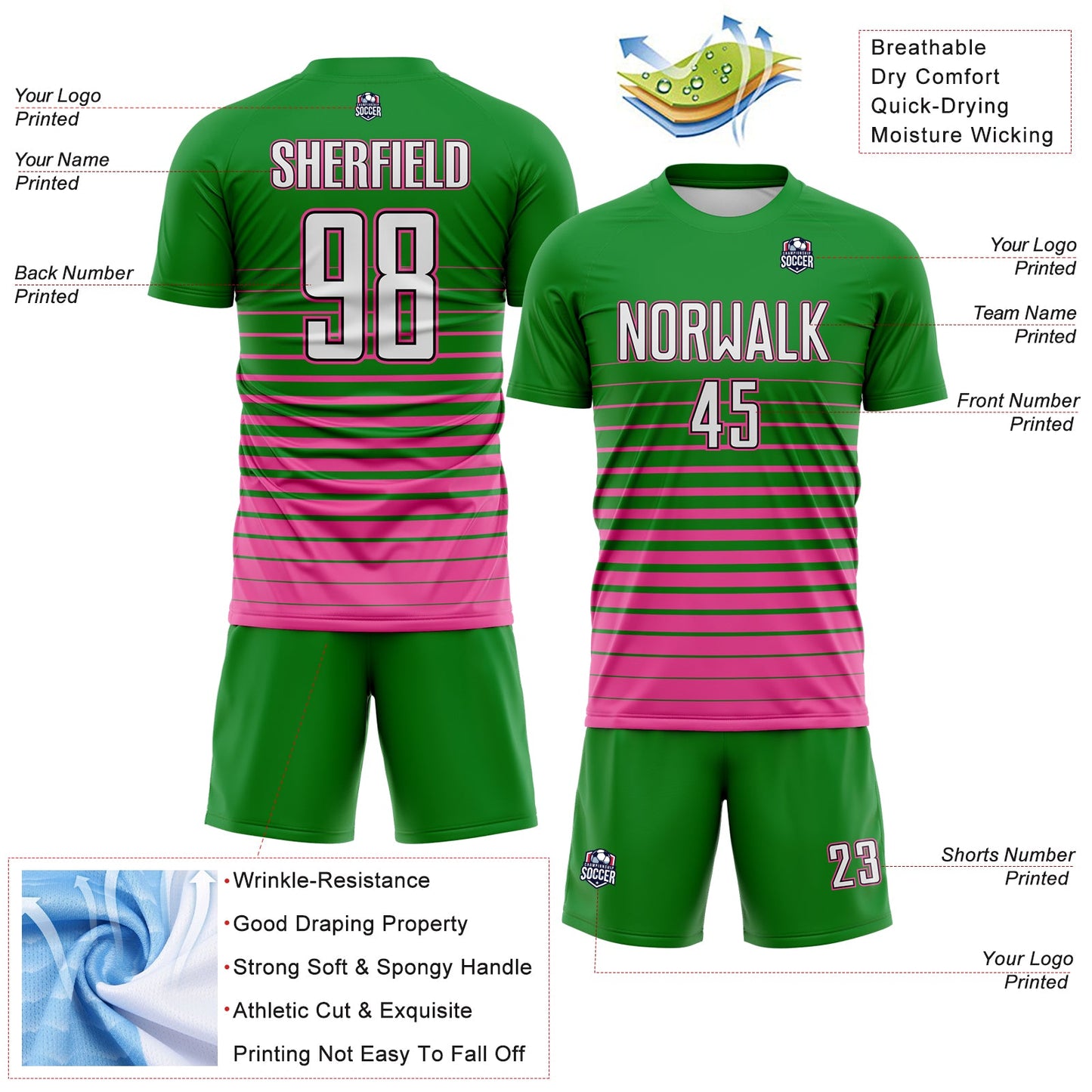 Custom Grass Green White Pink-Black Gradient Pinstripe Sublimation Soccer Uniform Jersey view 4