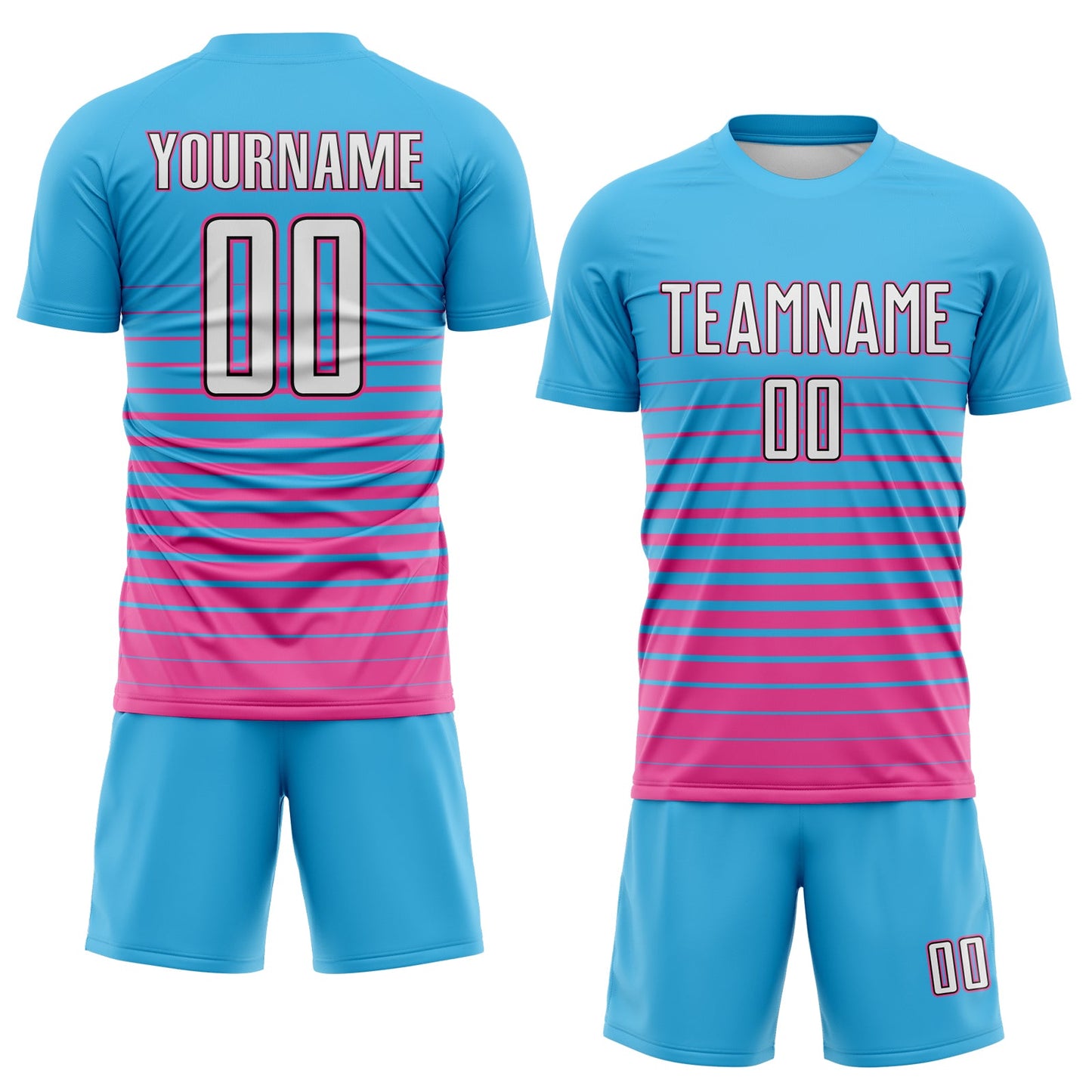 Custom Sky Blue White Pink-Black Gradient Pinstripe Sublimation Soccer Uniform Jersey view 2