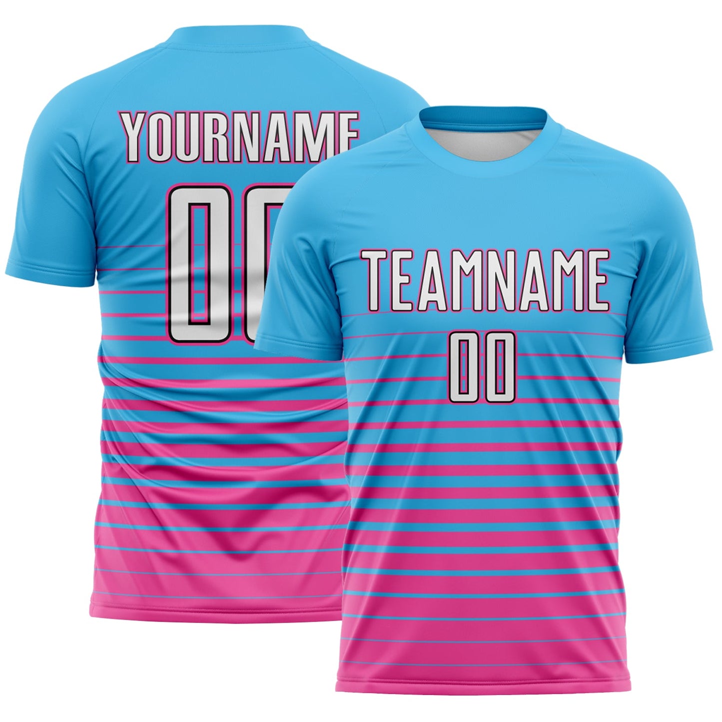 Custom Sky Blue White Pink-Black Gradient Pinstripe Sublimation Soccer Uniform Jersey - Main View