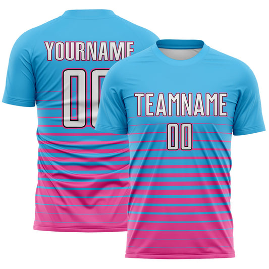 Custom Sky Blue White Pink-Black Gradient Pinstripe Sublimation Soccer Uniform Jersey - Main View