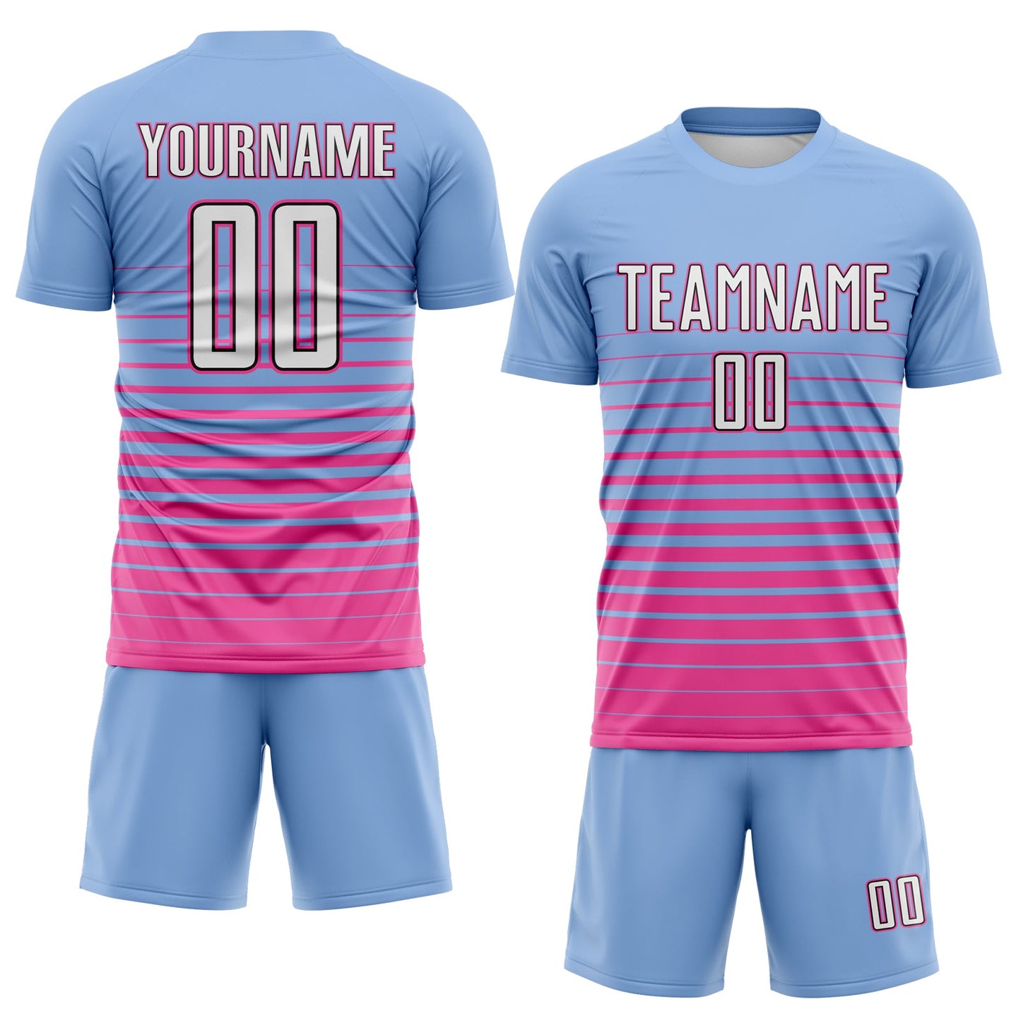 Custom Light Blue White Pink-Black Gradient Pinstripe Sublimation Soccer Uniform Jersey view 2