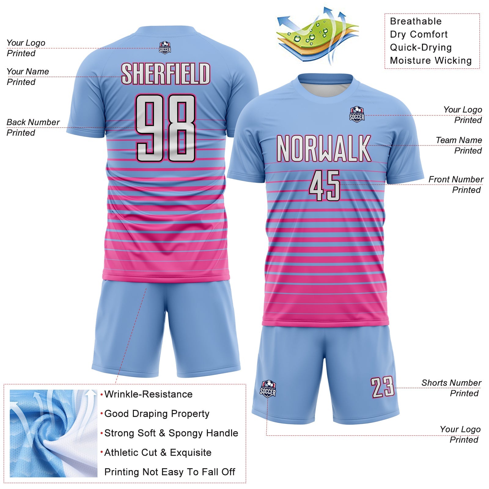 Custom Light Blue White Pink-Black Gradient Pinstripe Sublimation Soccer Uniform Jersey view 4