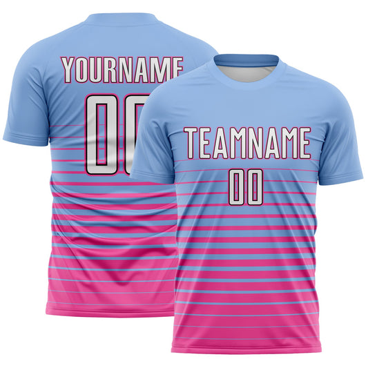 Custom Light Blue White Pink-Black Gradient Pinstripe Sublimation Soccer Uniform Jersey - Main View