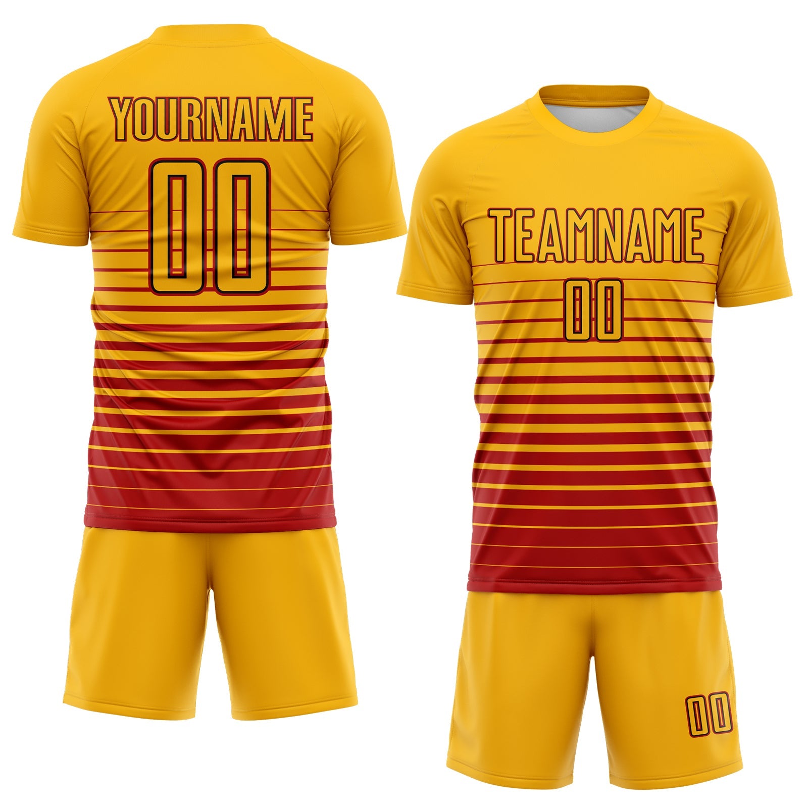 Custom Gold Red-Black Gradient Pinstripe Sublimation Soccer Uniform Jersey view 2