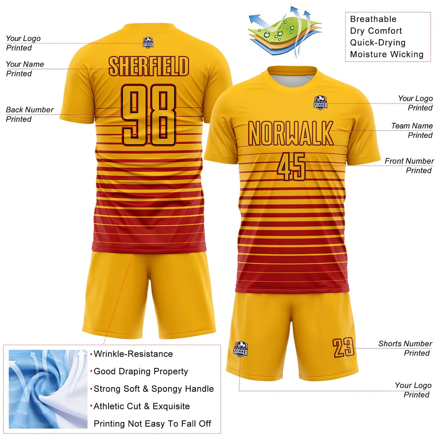 Custom Gold Red-Black Gradient Pinstripe Sublimation Soccer Uniform Jersey view 4