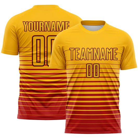 Custom Gold Red-Black Gradient Pinstripe Sublimation Soccer Uniform Jersey - Main View