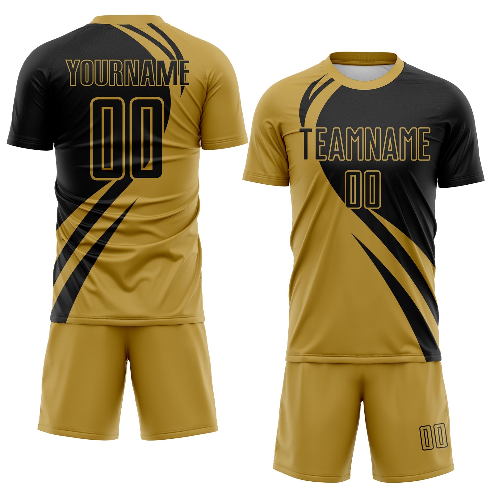 Custom Old Gold Black Diagonal Streamline Color Block Swirl Curve Lines Sublimation Soccer Uniform Jersey view 2