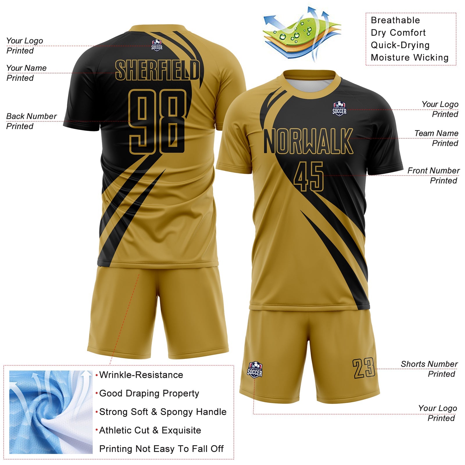 Custom Old Gold Black Diagonal Streamline Color Block Swirl Curve Lines Sublimation Soccer Uniform Jersey view 3