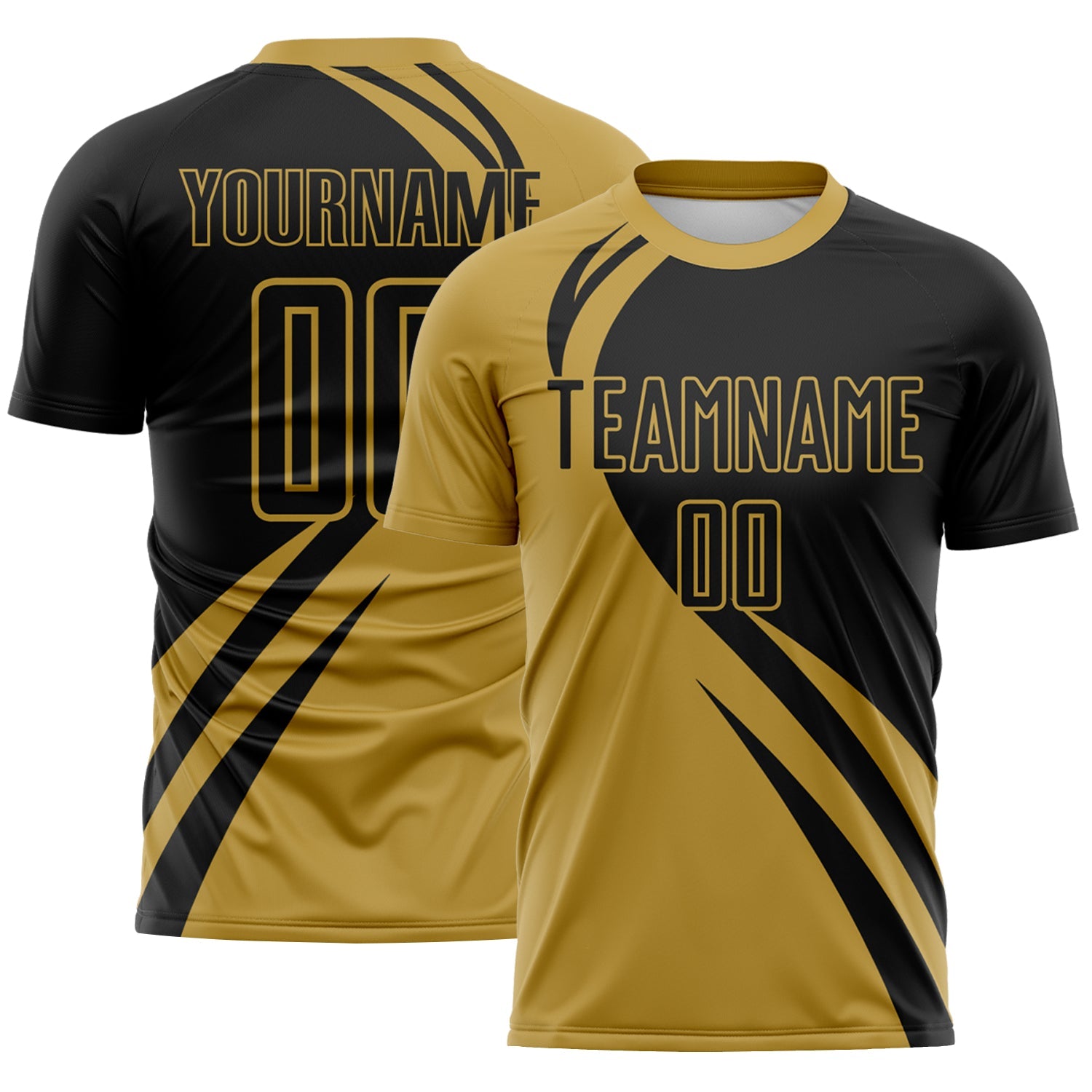 Custom Old Gold Black Diagonal Streamline Color Block Swirl Curve Lines Sublimation Soccer Uniform Jersey - Main View