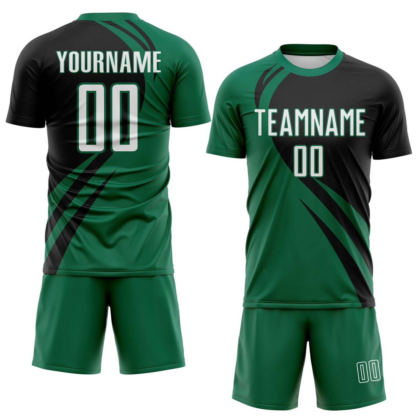 Custom Kelly Green White-Black Diagonal Streamline Color Block Swirl Curve Lines Sublimation Soccer Uniform Jersey view 2