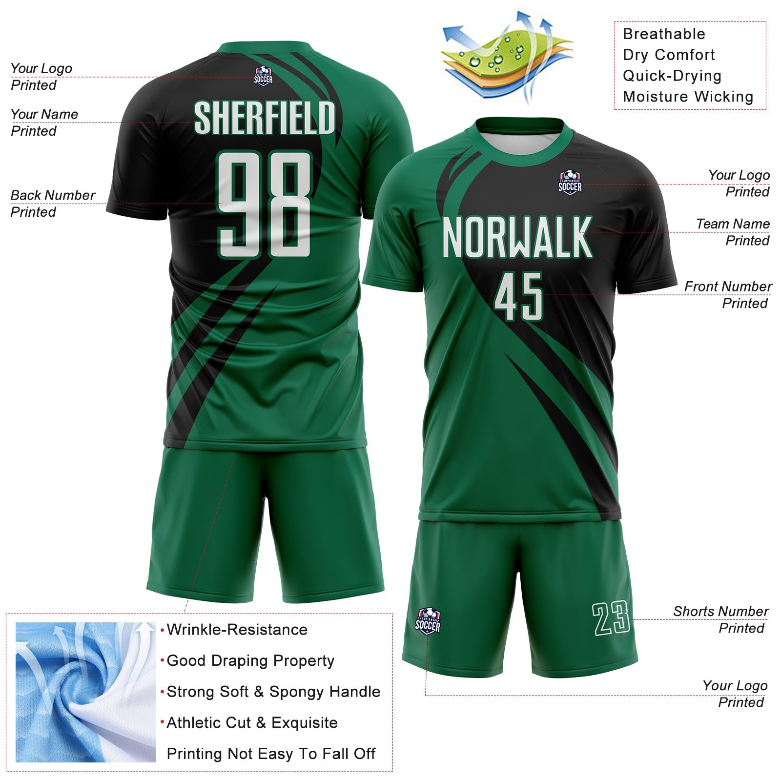 Custom Kelly Green White-Black Diagonal Streamline Color Block Swirl Curve Lines Sublimation Soccer Uniform Jersey view 3