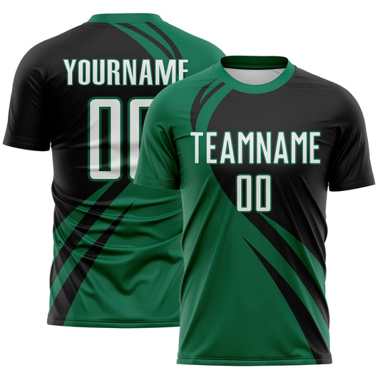 Custom Kelly Green White-Black Diagonal Streamline Color Block Swirl Curve Lines Sublimation Soccer Uniform Jersey - Main View