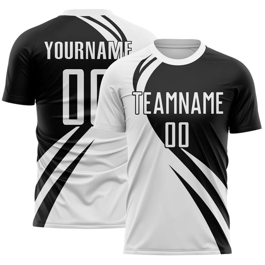 Custom White Black Diagonal Streamline Color Block Swirl Curve Lines Sublimation Soccer Uniform Jersey - Main View