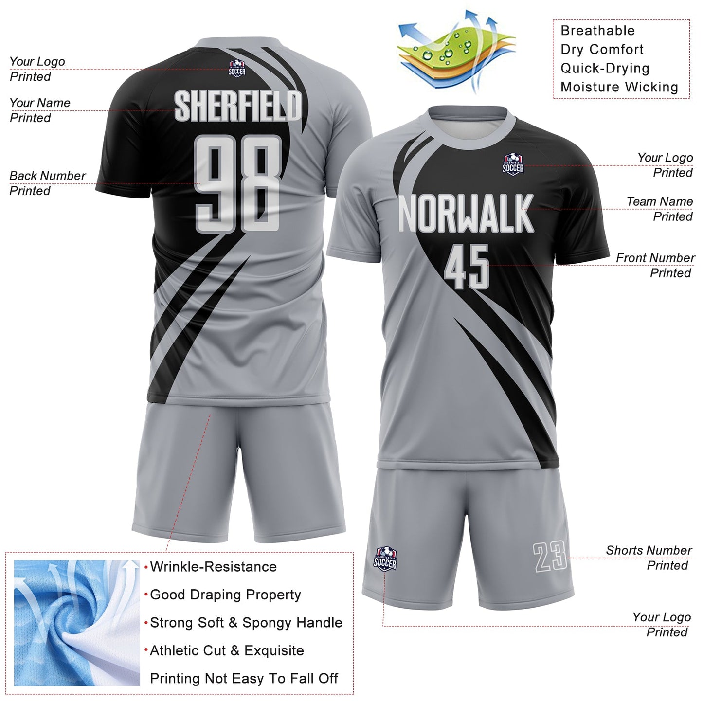 Custom Gray White-Black Diagonal Streamline Color Block Swirl Curve Lines Sublimation Soccer Uniform Jersey view 3