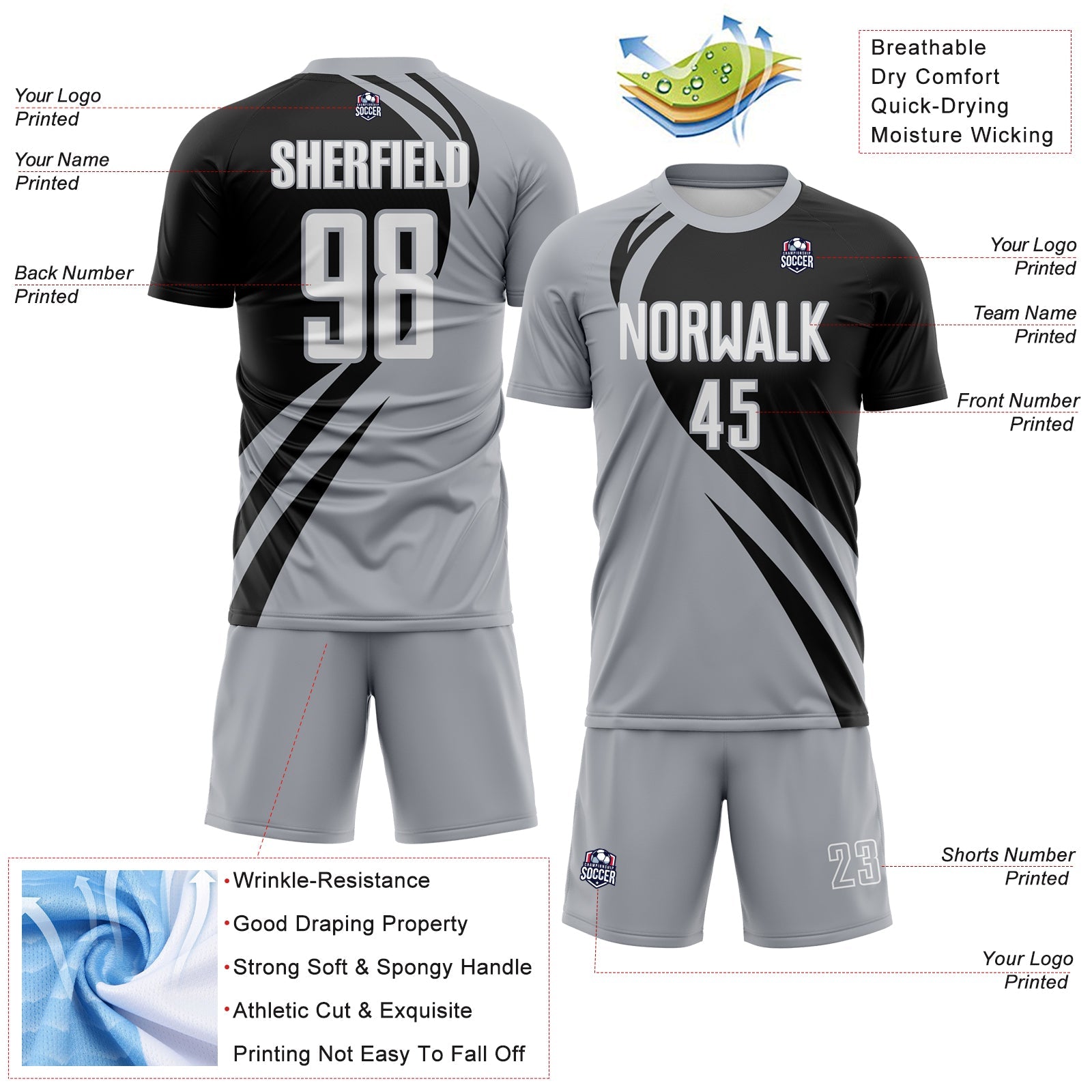 Custom Gray White-Black Diagonal Streamline Color Block Swirl Curve Lines Sublimation Soccer Uniform Jersey view 3