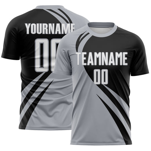 Custom Gray White-Black Diagonal Streamline Color Block Swirl Curve Lines Sublimation Soccer Uniform Jersey - Main View